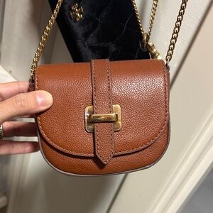 Leather Crossbody Saddle Bag in Brown with Gold Hardware